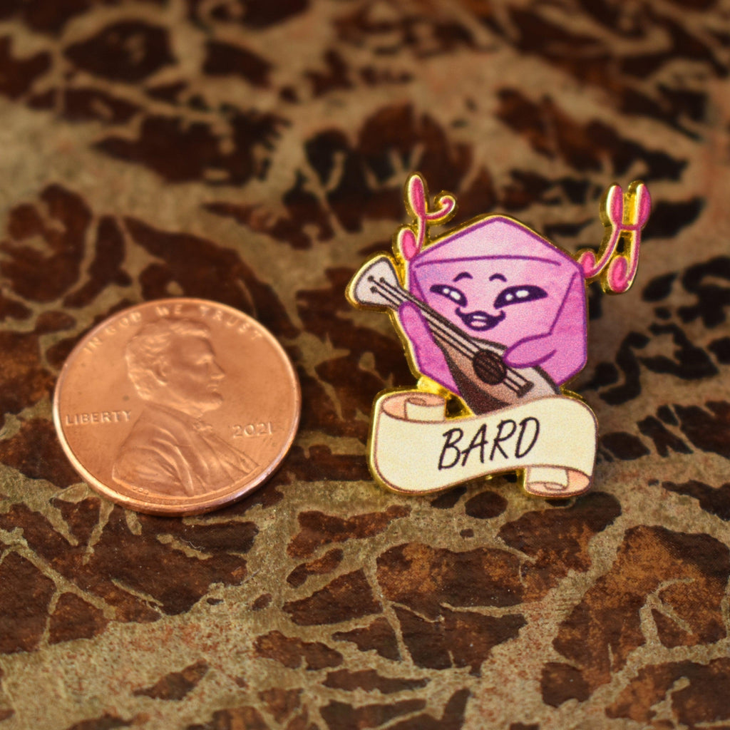 Cartoon pink d20 shaped character holding an instrument with a 'Bard' label on a dark background