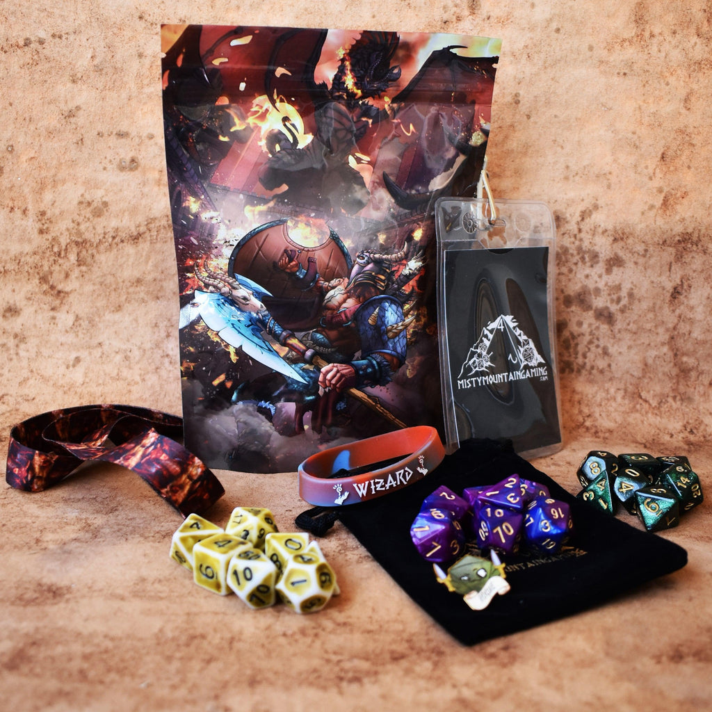 A mystery dice bag with 3 sets of acrylic dice and examples of items within