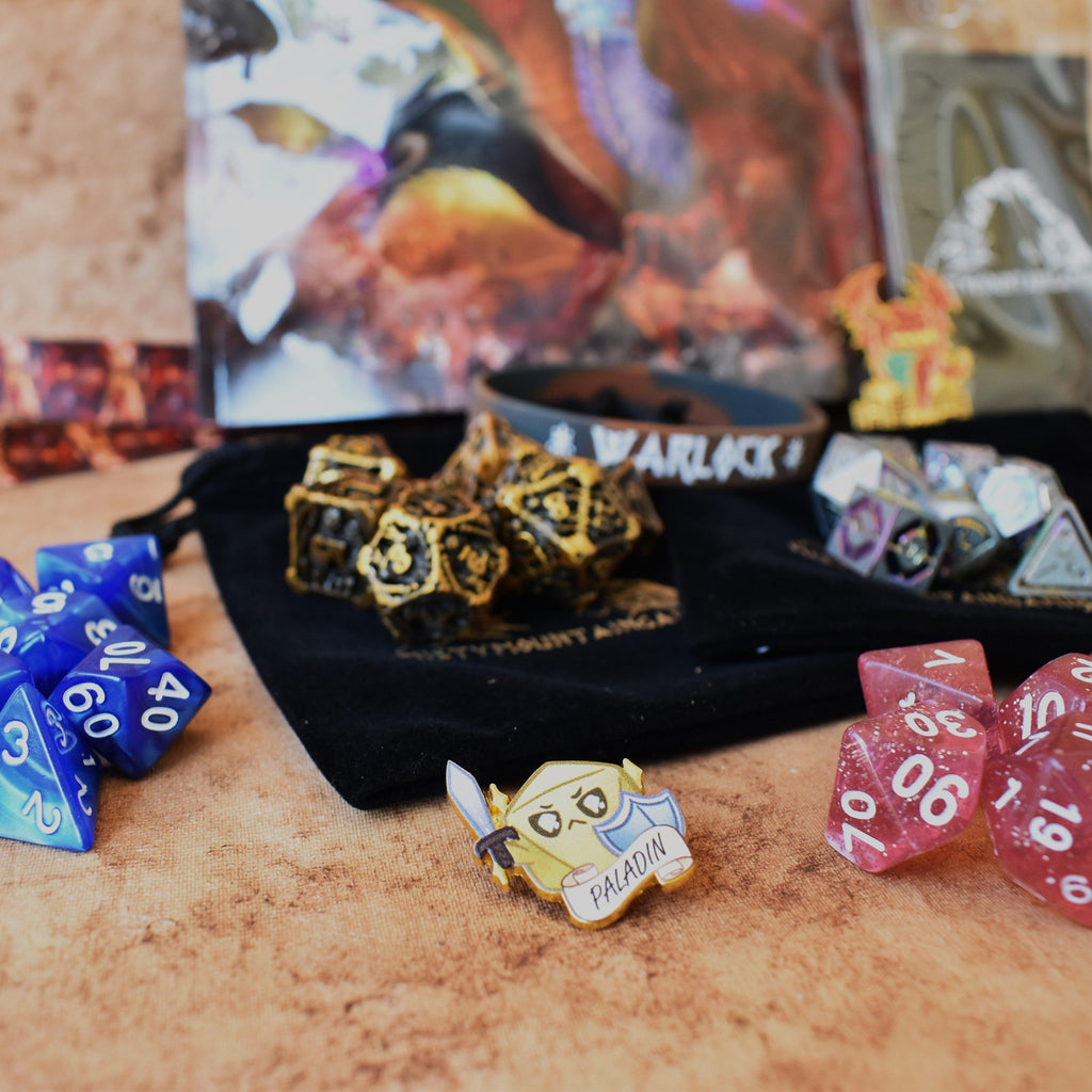 An example of dice and various goodies that come in our mystery dice bag