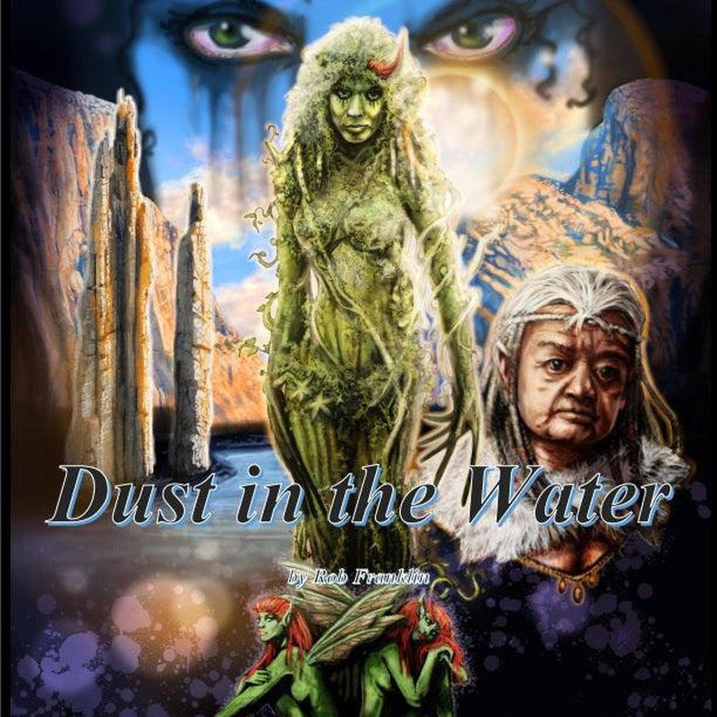 Cover art for the Dust in the Water Dungeons and Dragons module, featuring a fantasy landscape with a woman in a green robe, a character in a white fur hat, and a dragon.