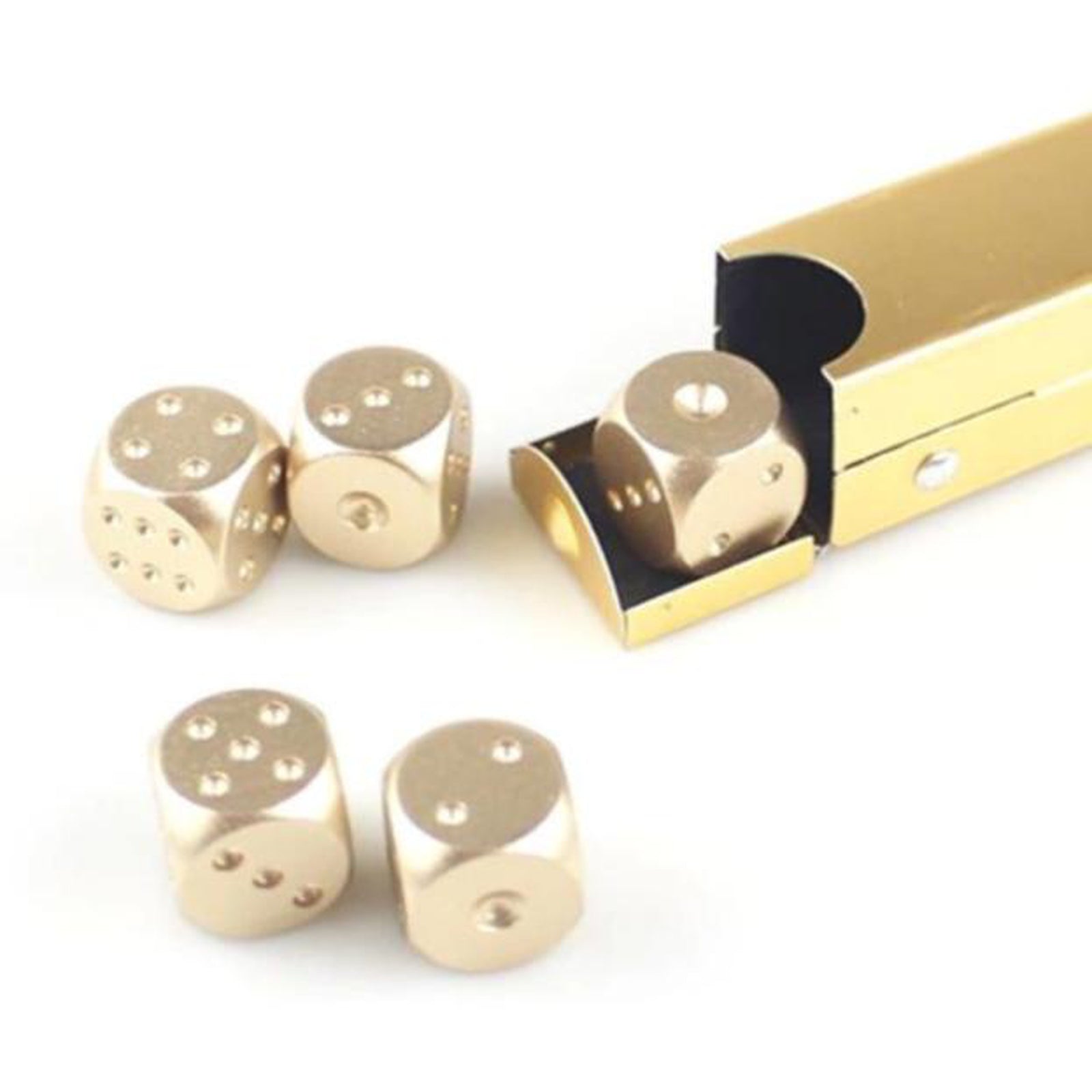 A set of gold-colored aluminum D6 dice displayed next to their foam-lined case 