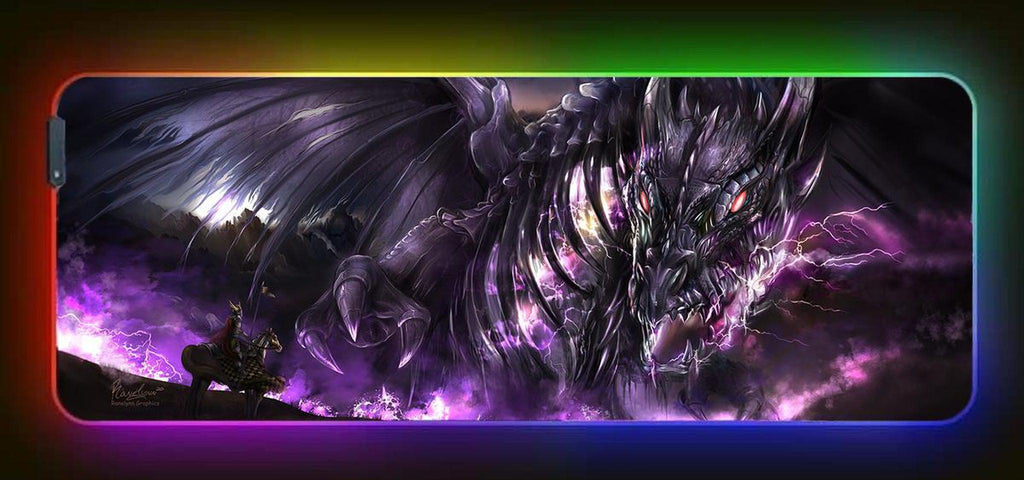 A large mousepad with a fantasy dragon illustration, featuring multicolored LED lighting around the edge.