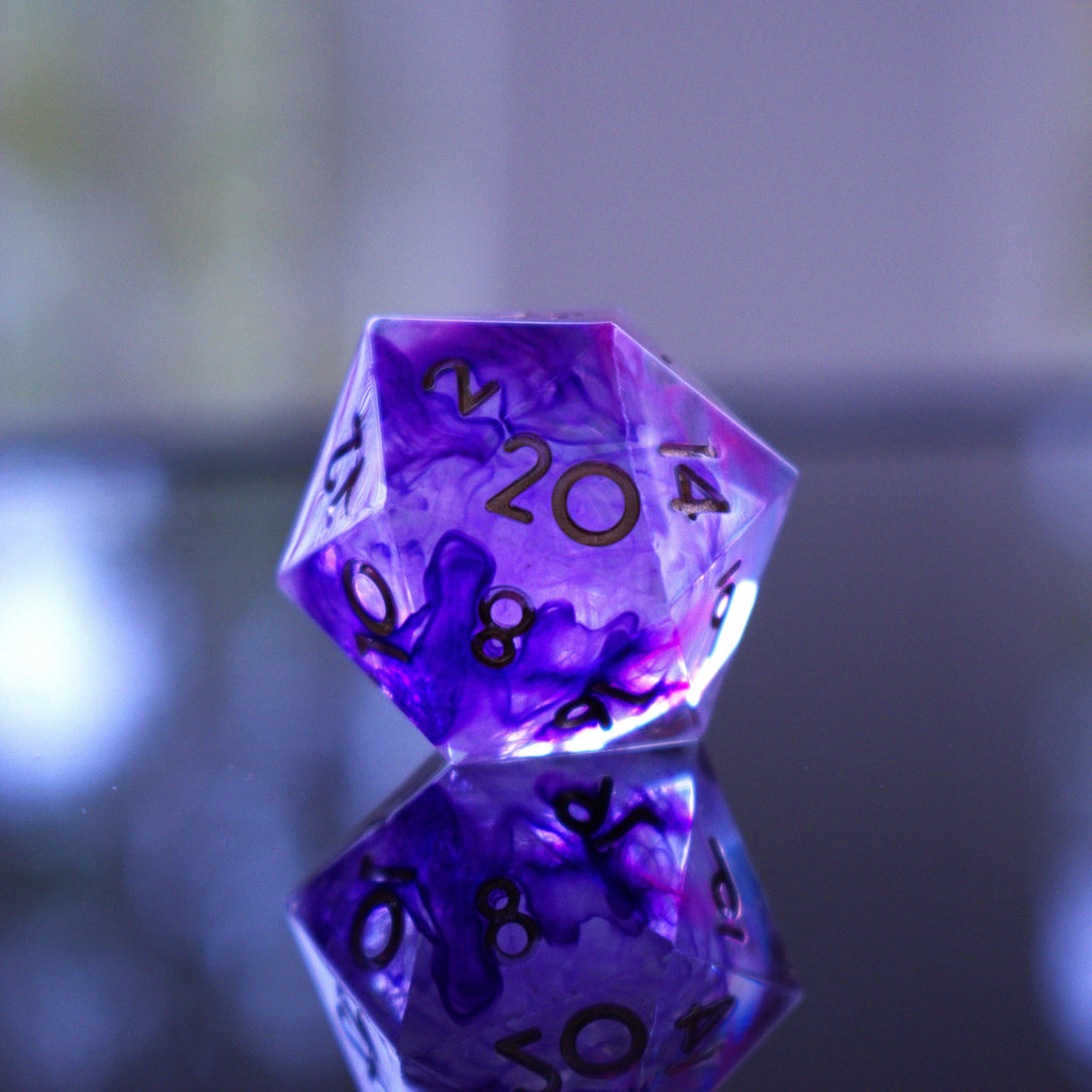 A set of sharp-edged, purple resin dice with engraved numbers, including various shapes such as a d4, d6, d8, d10, d12, and d20.