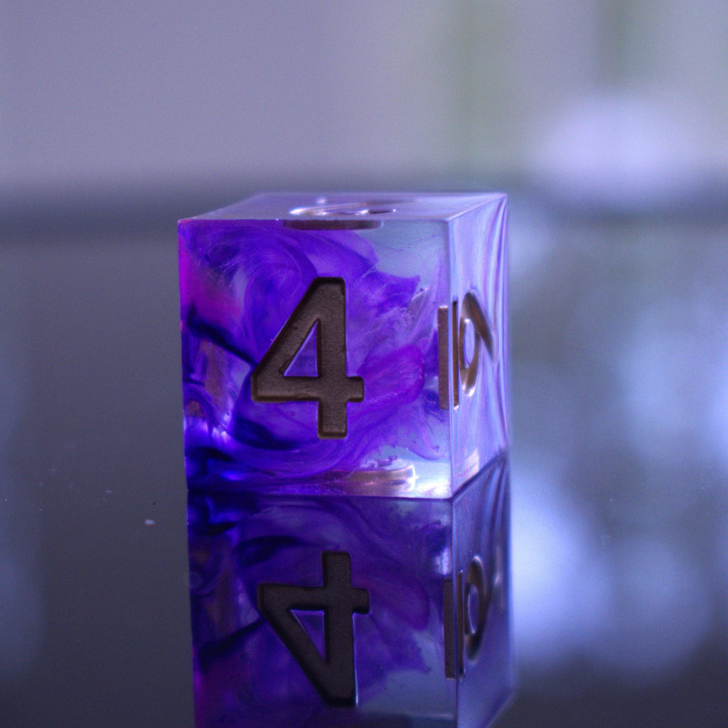 A set of sharp-edged, purple resin dice with engraved numbers, including various shapes such as a d4, d6, d8, d10, d12, and d20.