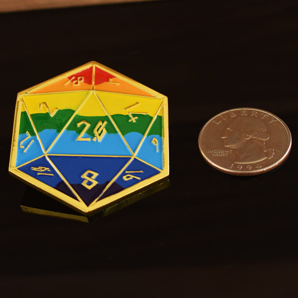 A colorful D20-shaped pin with gold trim, featuring numbers 