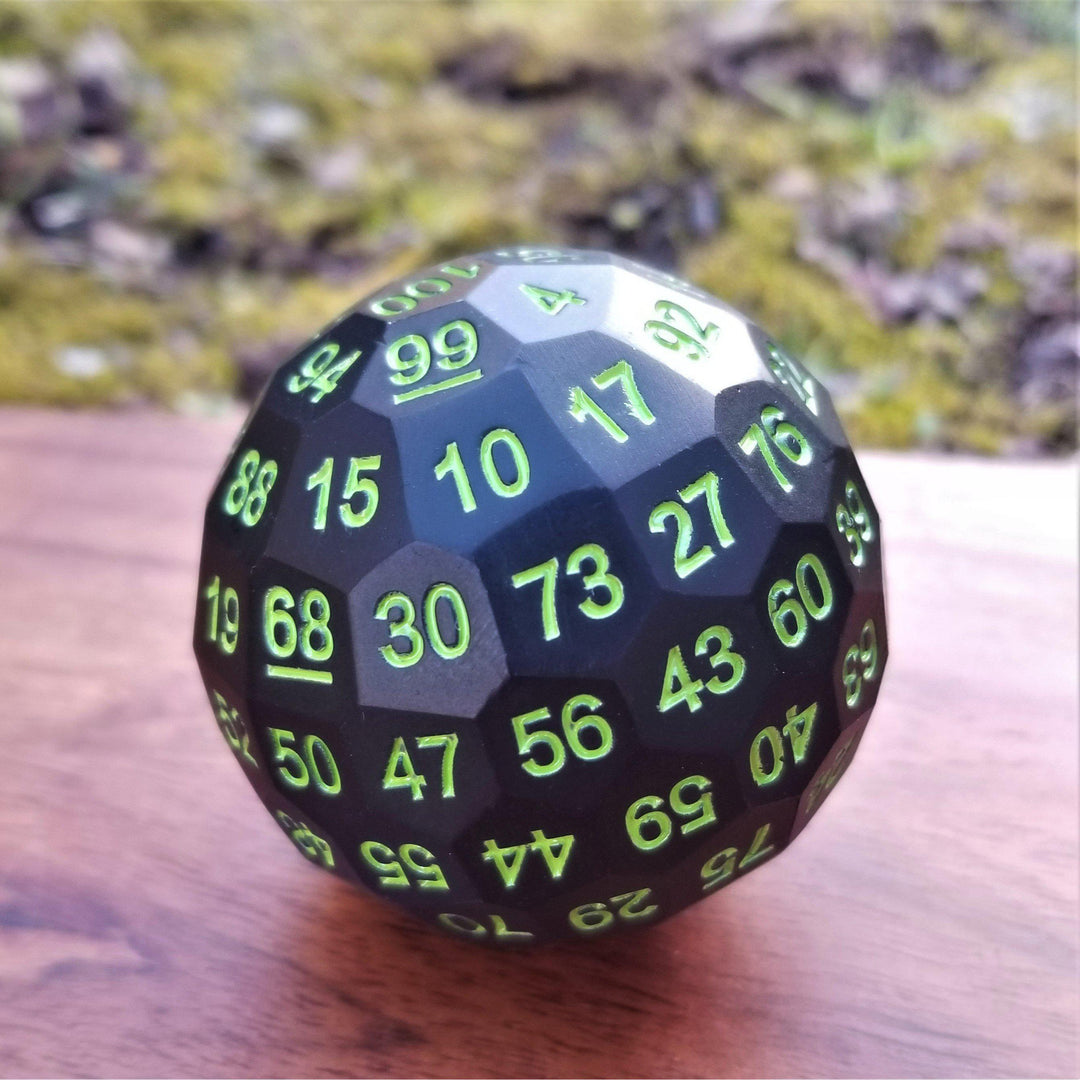 A large black metal dnd dice with neon green numbers