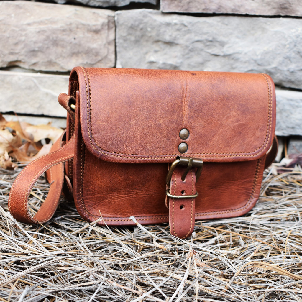 A brown leather satchel with brass buckles, an outside zipper, and a shoulder strap, placed against a stone wall with dry leaves around.