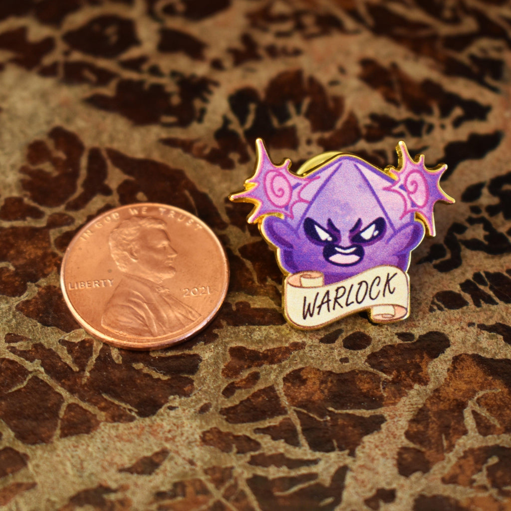 A colorful enamel pin depicting a warlock character from D&D, with a purple theme and the word 'WARLOCK' displayed on a banner.