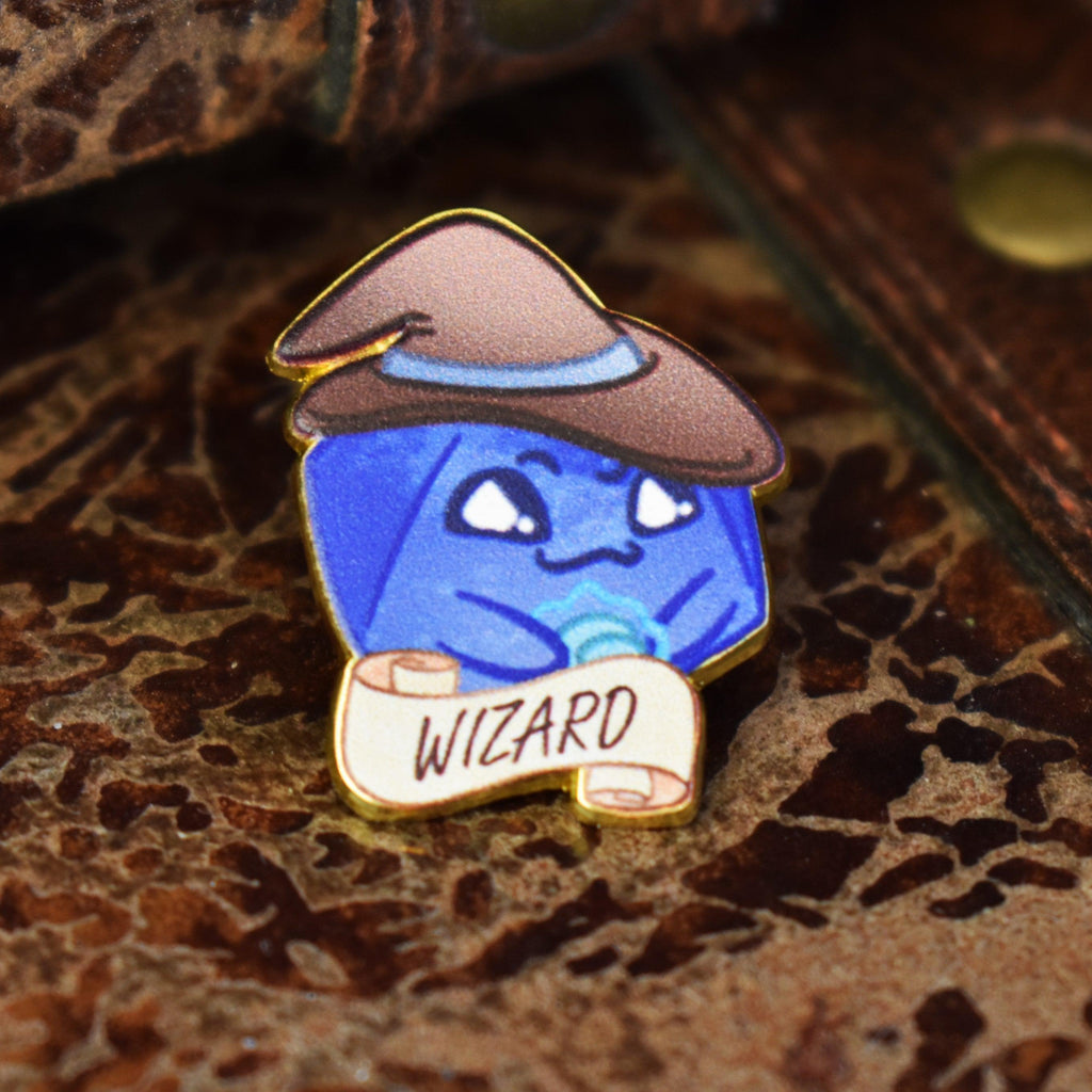 Cartoon blue d20 shaped character wearing a red wizard hat with a 'Wizard' label on a dark background