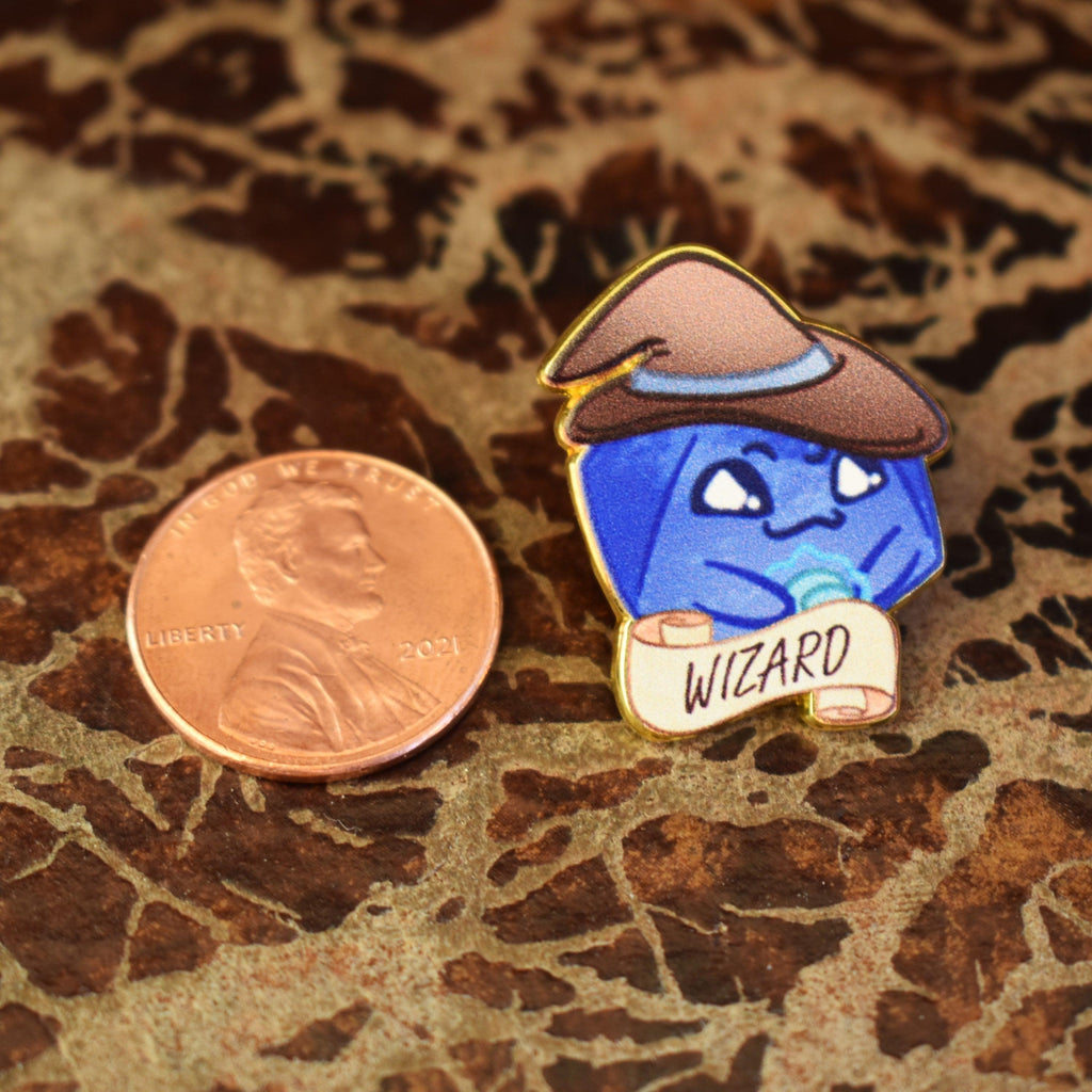 Cartoon blue d20 shaped character wearing a red wizard hat with a 'Wizard' label on a dark background