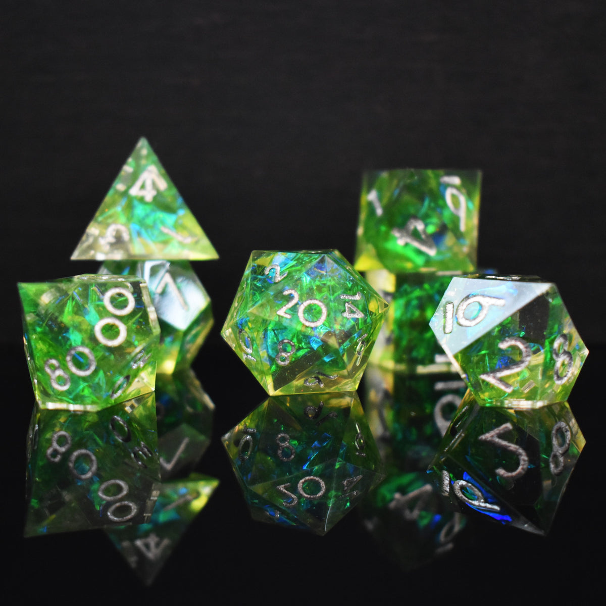 Green Flame Blade SharpEdged Resin Dice Set Misty Mountain Gaming